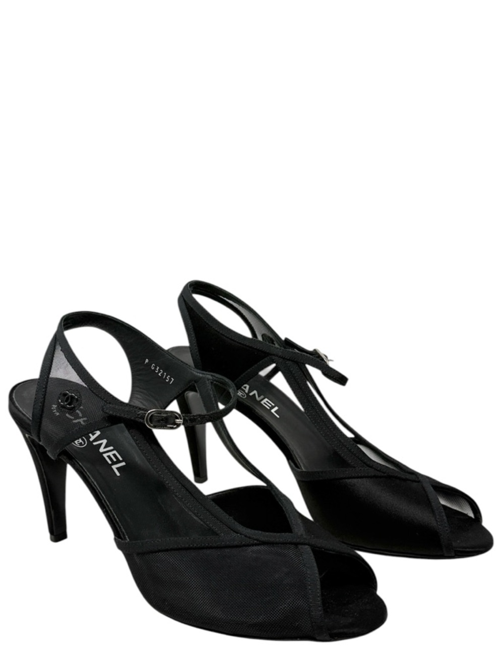 Chanel CC Logo Satin Mesh Accent Slingback Black Sandals Size 40.5